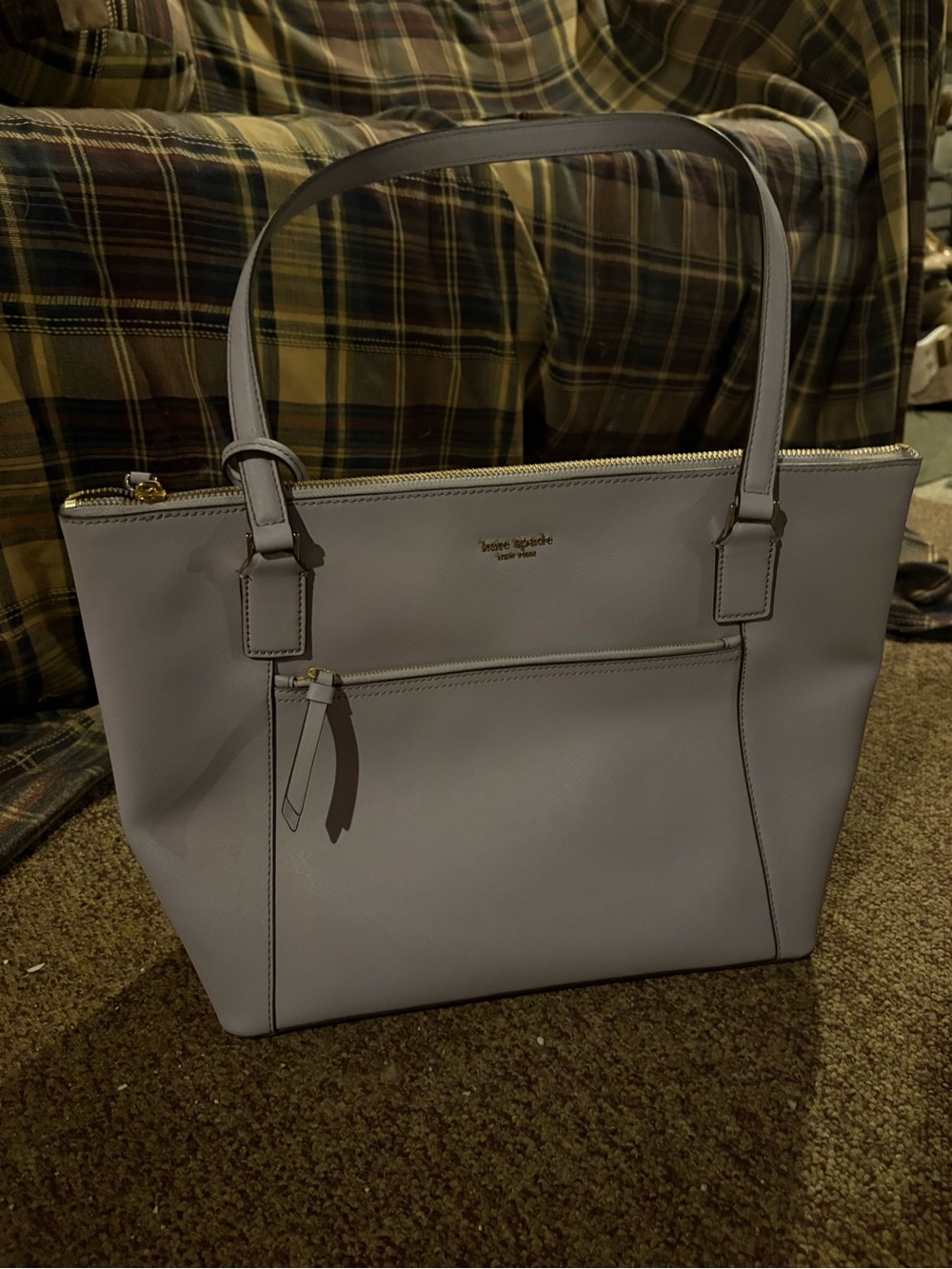 kate spade pale lavender leather tote with front zip pocket
